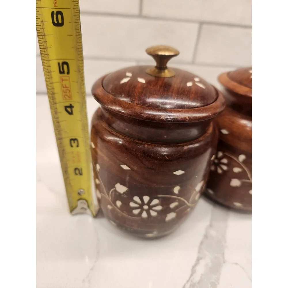 Wooden Kitchen Storage‎ Flower Canister Jars with Lid for Snacks, Food Set Of 2